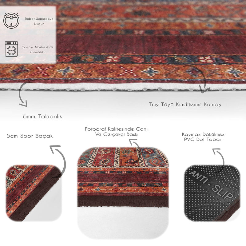 Kırmızı Geleneksel Motifli Etnik Desenli Etnik Motifler Vintage Çocuk Genç Odası Koridor Antre Dijital Baskılı Makinede Yıkanabilir Saçaklı Halı Bonvagon