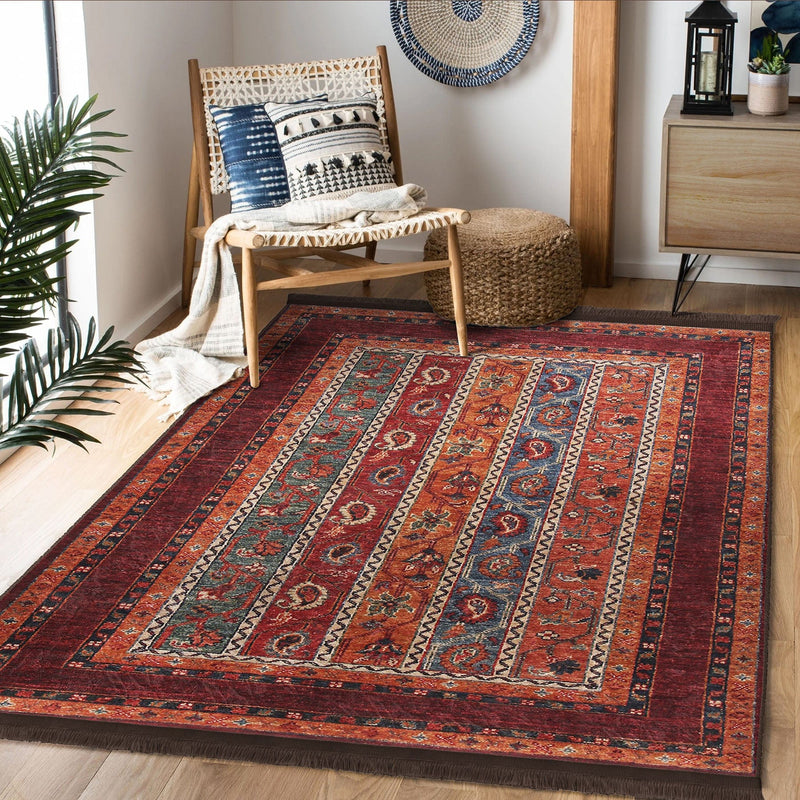 Kırmızı Geleneksel Motifli Etnik Desenli Etnik Motifler Vintage Çocuk Genç Odası Koridor Antre Dijital Baskılı Makinede Yıkanabilir Saçaklı Halı Bonvagon