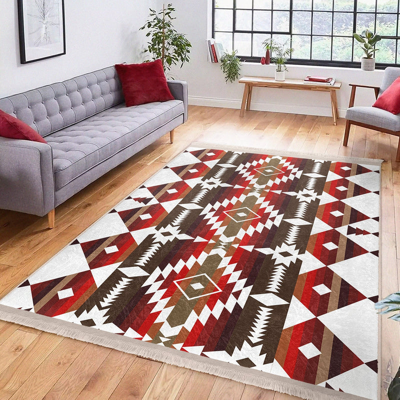 Kırmızı Geometrik Motifli Antik Desenli Etnik Geometrik Dijital Baskılı Makinede Yıkanabilir Saçaklı Halı