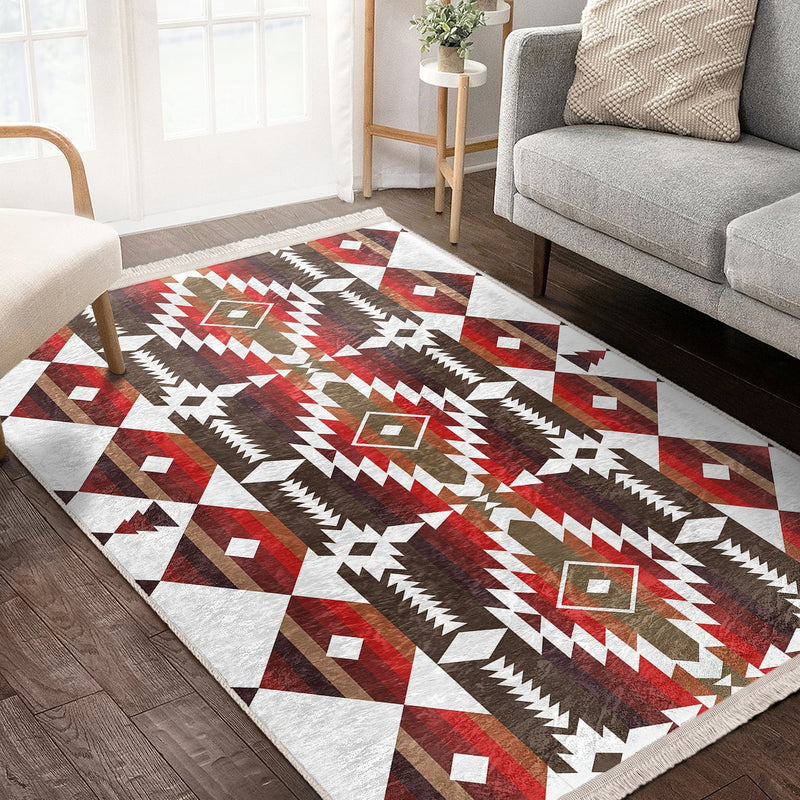 Kırmızı Geometrik Motifli Antik Desenli Etnik Geometrik Dijital Baskılı Makinede Yıkanabilir Saçaklı Halı