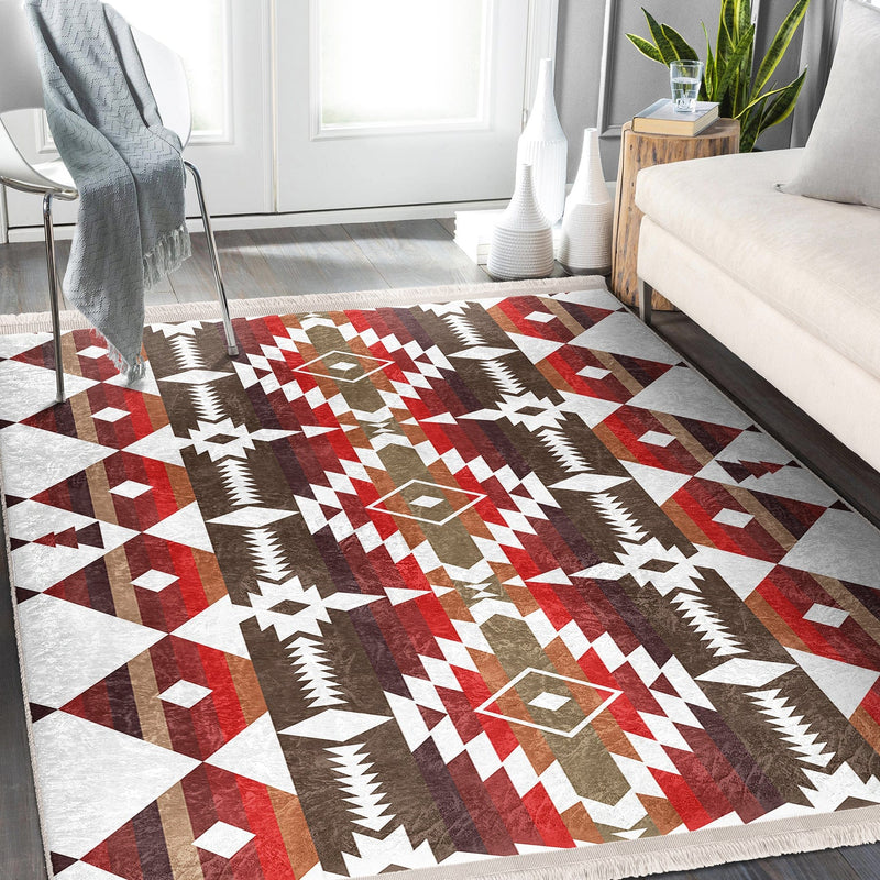 Kırmızı Geometrik Motifli Antik Desenli Etnik Geometrik Dijital Baskılı Makinede Yıkanabilir Saçaklı Halı