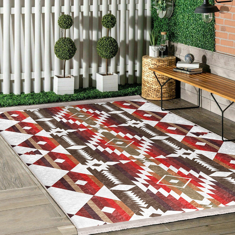 Kırmızı Geometrik Motifli Antik Desenli Etnik Geometrik Dijital Baskılı Makinede Yıkanabilir Saçaklı Halı