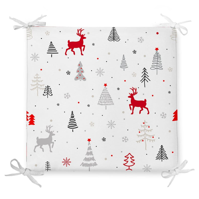 Kırmızı Geyikler ve Ağaçlar Yılbaşı Konseptli Dijital Baskılı Fermuarlı Sandalye Minderi Bonvagon