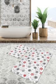 Kırmızı Gri Kar Taneleri Özel Tasarım 2li Halı Takımı Kaymaz Taban Yıkanabilir Bonvagon