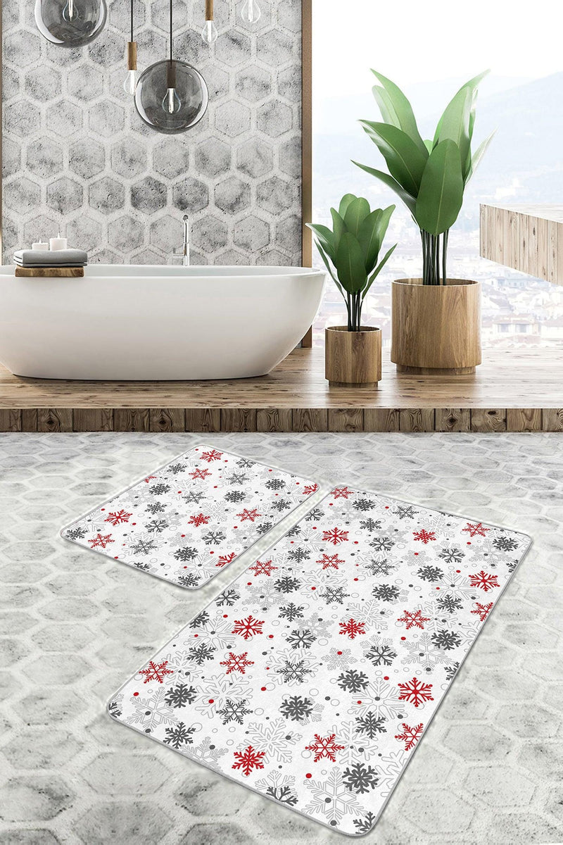 Kırmızı Gri Kar Taneleri Özel Tasarım 2li Halı Takımı Kaymaz Taban Yıkanabilir Bonvagon