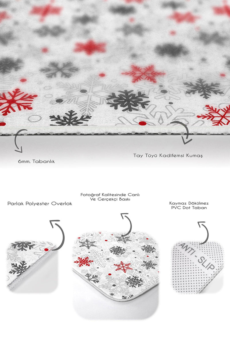 Kırmızı Gri Kar Taneleri Özel Tasarım 2li Halı Takımı Kaymaz Taban Yıkanabilir Bonvagon