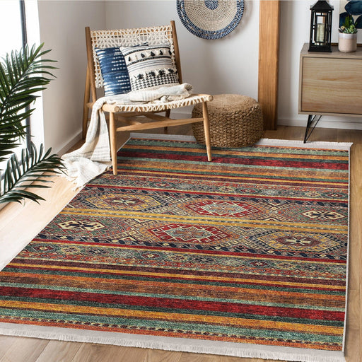 Kırmızı - Kahverengi Geleneksel Motifli Kilim Desenli Vintage Etnik Dijital Baskılı Makinede Yıkanabilir Saçaklı Halı