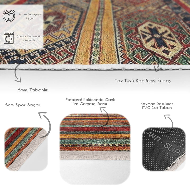 Kırmızı - Kahverengi Geleneksel Motifli Kilim Desenli Vintage Etnik Motifler Koridor Antre Salon Oturma Odası Dijital Baskılı Makinede Yıkanabilir Saçaklı Halı Bonvagon