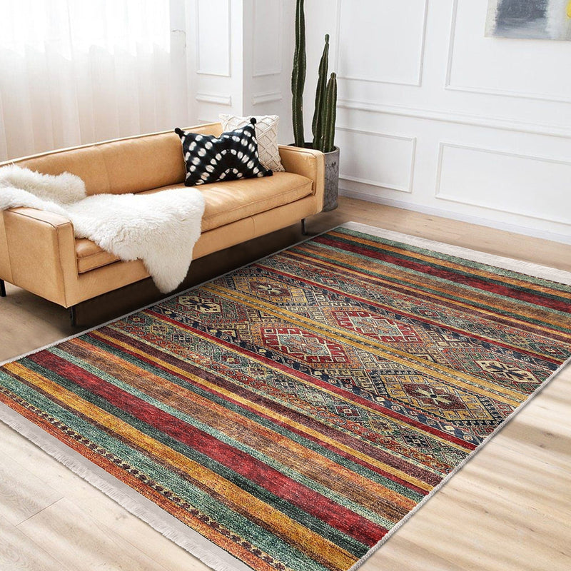 Kırmızı - Kahverengi Geleneksel Motifli Kilim Desenli Vintage Etnik Motifler Koridor Antre Salon Oturma Odası Dijital Baskılı Makinede Yıkanabilir Saçaklı Halı Bonvagon