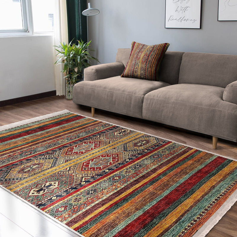 Kırmızı - Kahverengi Geleneksel Motifli Kilim Desenli Vintage Etnik Motifler Koridor Antre Salon Oturma Odası Dijital Baskılı Makinede Yıkanabilir Saçaklı Halı Bonvagon