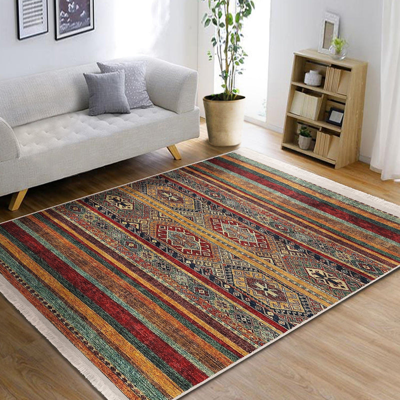 Kırmızı - Kahverengi Geleneksel Motifli Kilim Desenli Vintage Etnik Motifler Koridor Antre Salon Oturma Odası Dijital Baskılı Makinede Yıkanabilir Saçaklı Halı Bonvagon