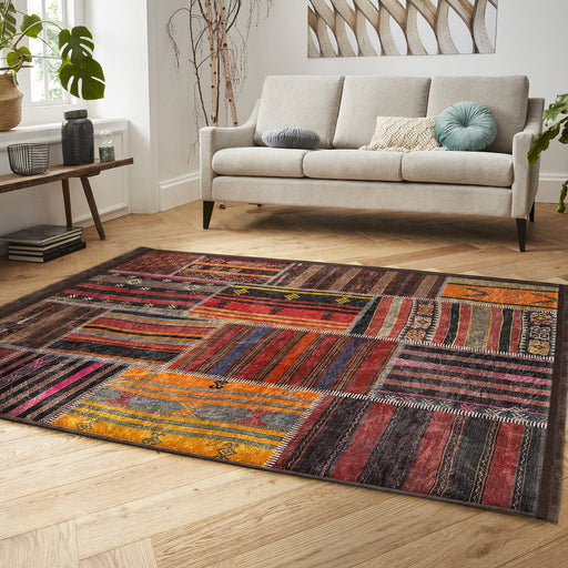 Kırmızı Patchwork Motifli Etnik Kilim Desenli Vintage Klasik Dijital Baskılı Makinede Yıkanabilir Saçaklı Halı