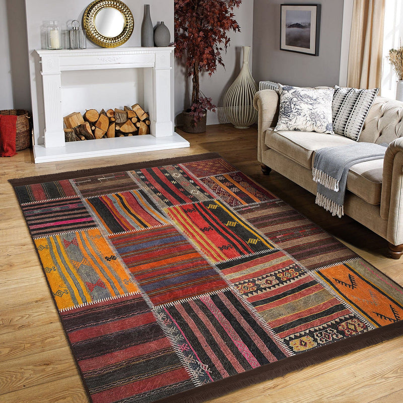 Kırmızı Patchwork Motifli Etnik Kilim Desenli Vintage Klasik Salon Oturma Yatak Odası Dijital Baskılı Makinede Yıkanabilir Saçaklı Halı Bonvagon