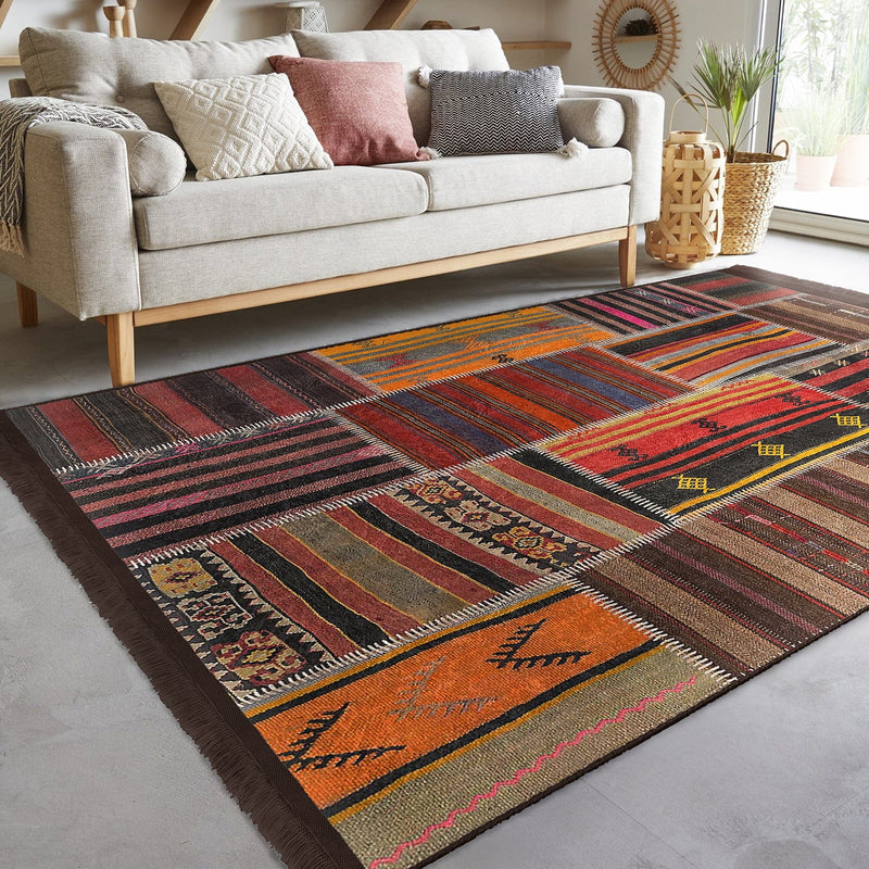 Kırmızı Patchwork Motifli Etnik Kilim Desenli Vintage Klasik Salon Oturma Yatak Odası Dijital Baskılı Makinede Yıkanabilir Saçaklı Halı Bonvagon