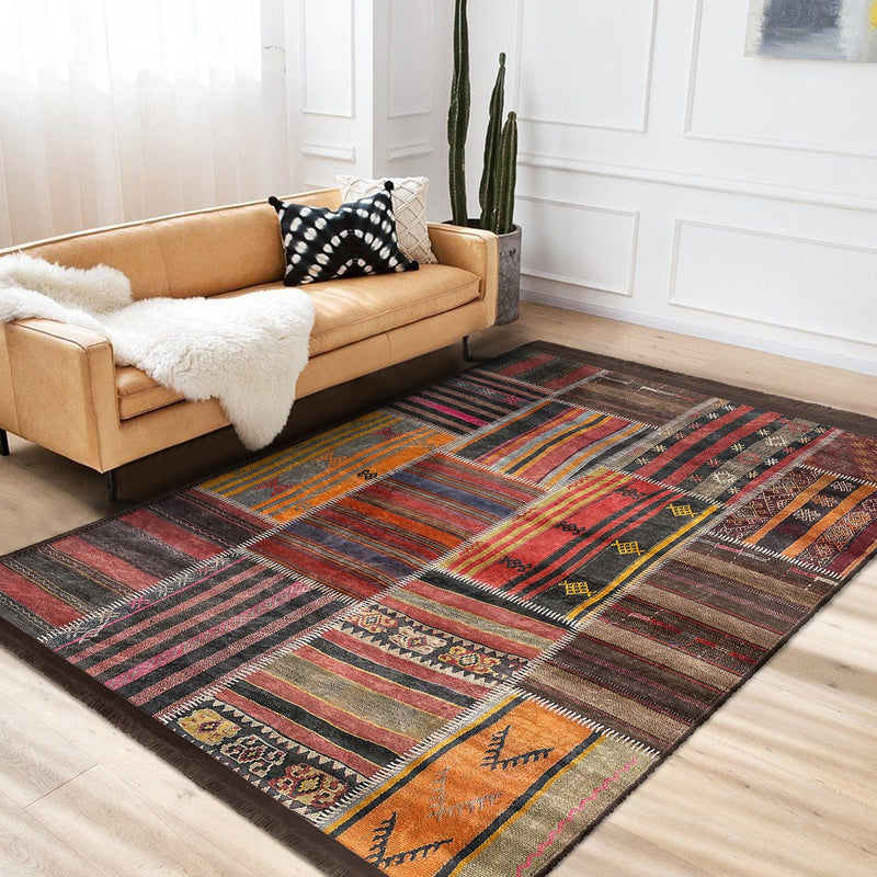 Kırmızı Patchwork Motifli Etnik Kilim Desenli Vintage Klasik Salon Oturma Yatak Odası Dijital Baskılı Makinede Yıkanabilir Saçaklı Halı Bonvagon