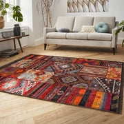 Kırmızı Patchwork Motifli Geleneksel Desenli Etnik  Dijital Baskılı Makinede Yıkanabilir Saçaklı Halı