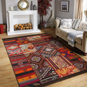 Kırmızı Patchwork Motifli Geleneksel Desenli Etnik  Dijital Baskılı Makinede Yıkanabilir Saçaklı Halı