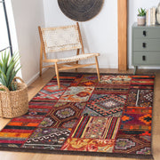 Kırmızı Patchwork Motifli Geleneksel Desenli Etnik Motifler Dijital Baskılı Makinede Yıkanabilir Saçaklı Halı Bonvagon