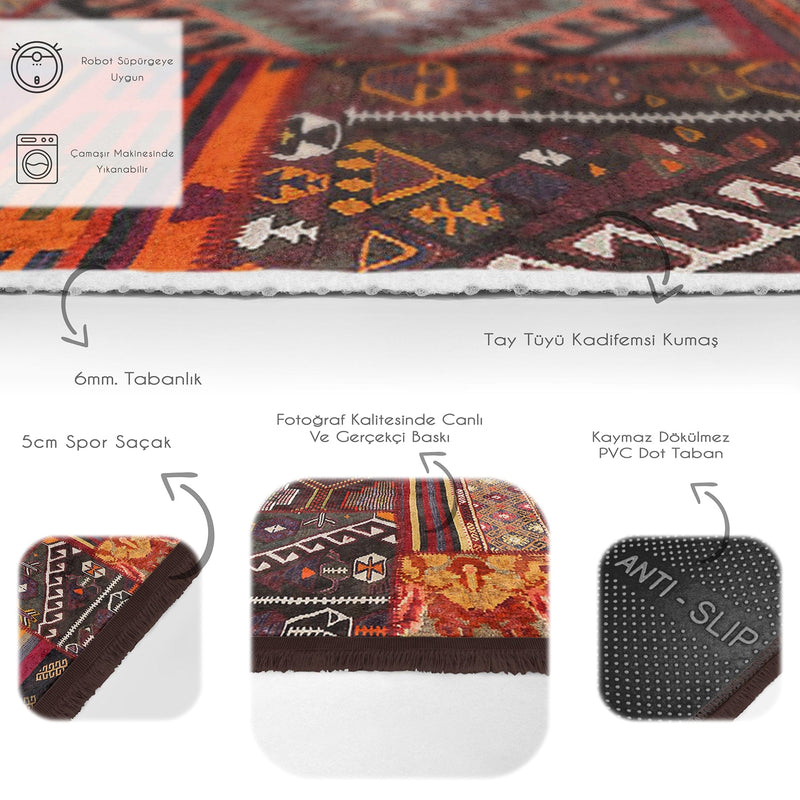 Kırmızı Patchwork Motifli Geleneksel Desenli Etnik Motifler Dijital Baskılı Makinede Yıkanabilir Saçaklı Halı Bonvagon