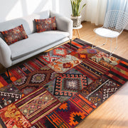 Kırmızı Patchwork Motifli Geleneksel Desenli Etnik Motifler Dijital Baskılı Makinede Yıkanabilir Saçaklı Halı Bonvagon