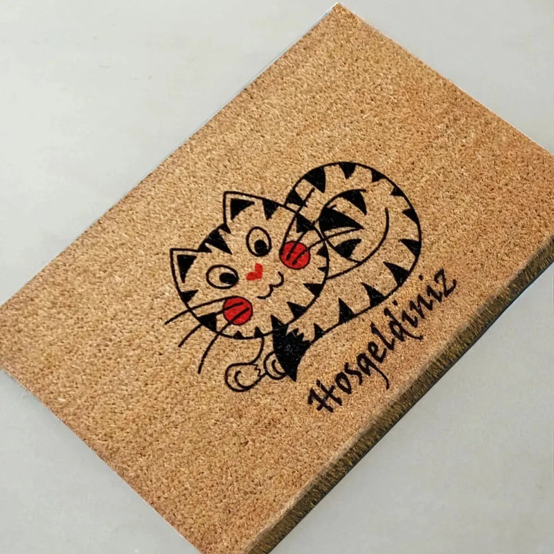 Kırmızı Yanaklı Kedicik Doğal Koko Hindistan Cevizi Kapı Önü Paspas 60x40cm