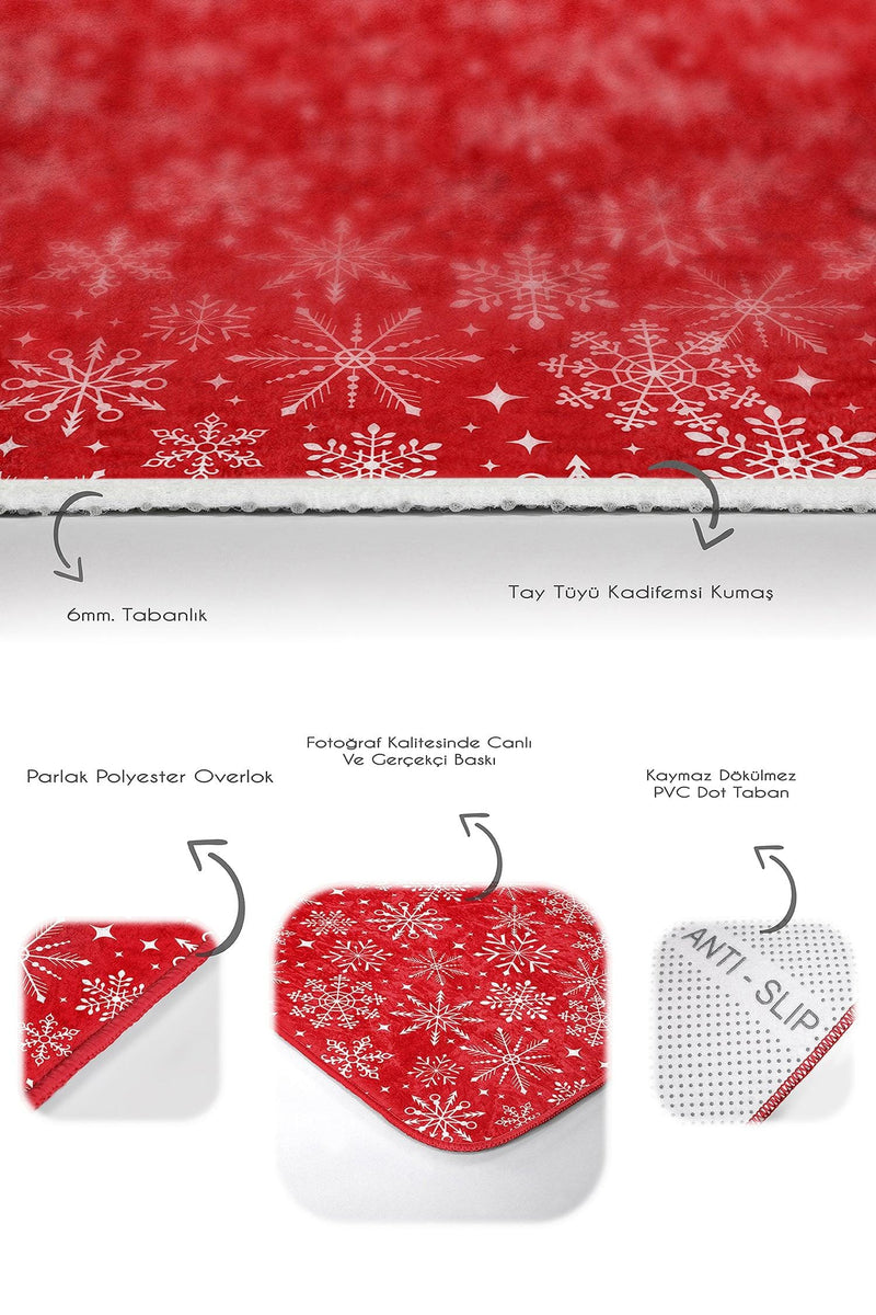 Kırmızı Zemin Yılbaşı Temalı Kar Taneleri 2li Halı Takımı Kaymaz Taban Yıkanabilir Bonvagon