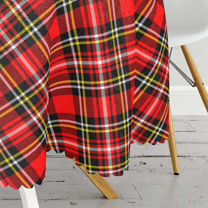 Kırmızı Zeminli Ekose Desenli Dekoratif Leke Tutmaz Yuvarlak Masa Örtüsü Bonvagon