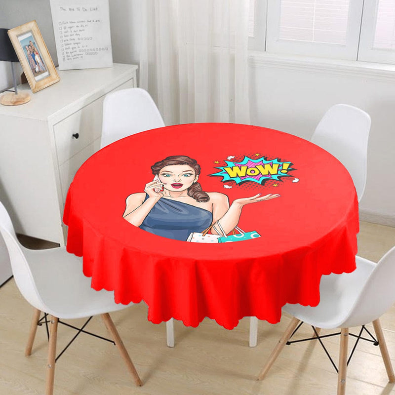 Kırmızı Zeminli Popart Wow Desenli Modern Leke Tutmaz Yuvarlak Masa Örtüsü