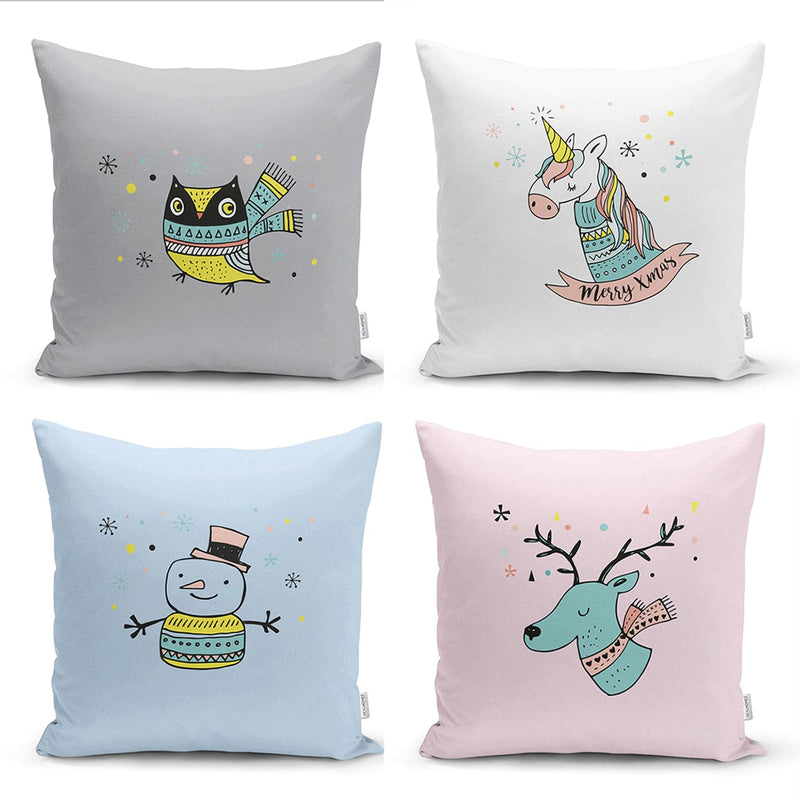 Kış Mevsimi Temalı Sevimli Hayvan Tasarımlı 4lü Kırlent Kılıf Seti Bonvagon