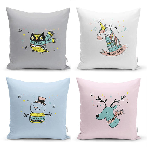 Kış Mevsimi Temalı Sevimli Hayvan Tasarımlı 4lü Kırlent Kılıf Seti Bonvagon