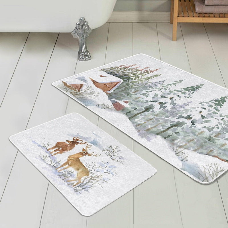 Kış Temalı Bağ Evi Tasarımlı Dijital Baskılı 2li Banyo Halısı Takımı Kaymaz Taban Yıkanabilir Bonvagon