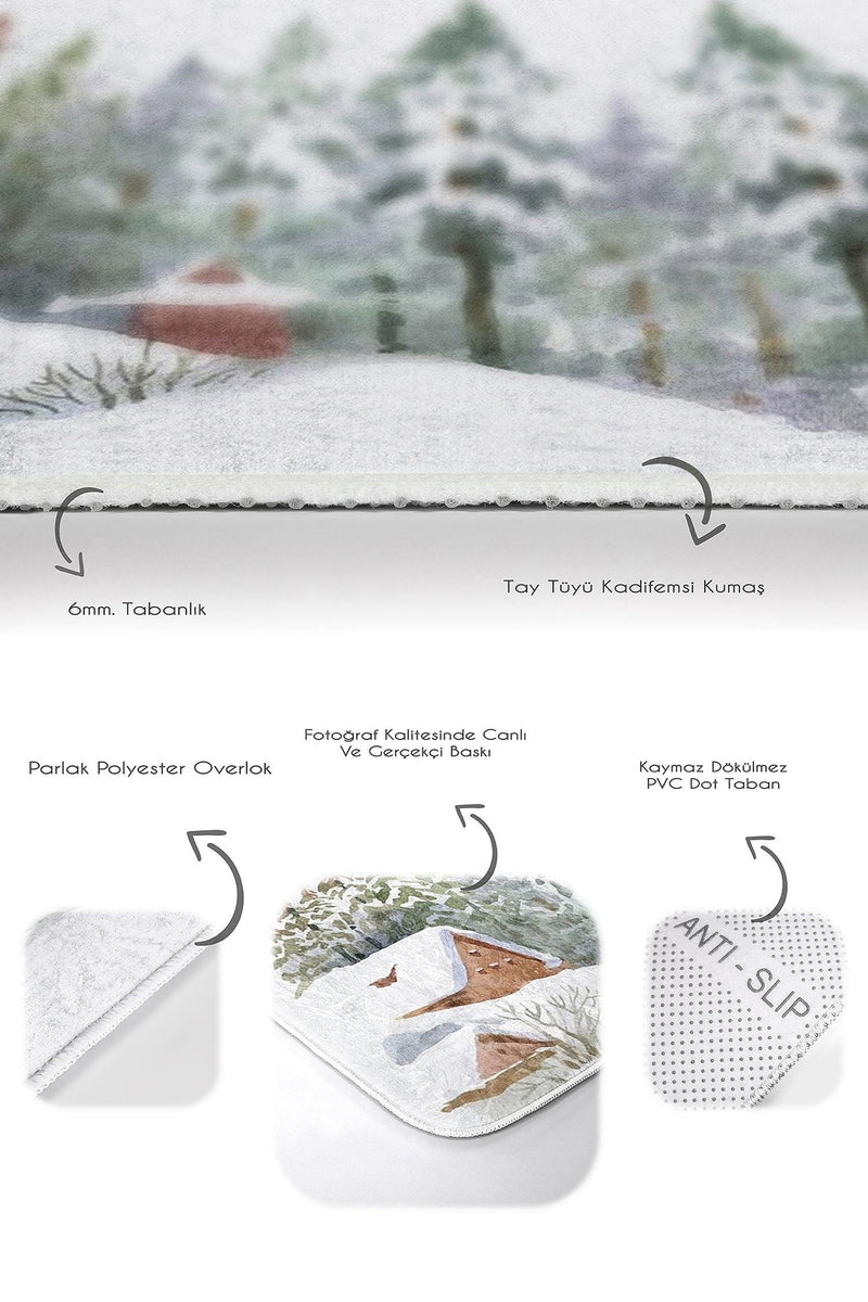 Kış Temalı Bağ Evi Tasarımlı Dijital Baskılı 2li Banyo Halısı Takımı Kaymaz Taban Yıkanabilir Bonvagon