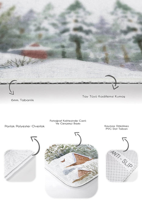 Kış Temalı Bağ Evi Tasarımlı Dijital Baskılı 2li Banyo Halısı Takımı Kaymaz Taban Yıkanabilir Bonvagon