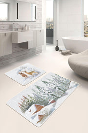 Kış Temalı Bağ Evi Tasarımlı Dijital Baskılı 2li Banyo Paspas ve Halısı Takımı Kaymaz Taban Yıkanabilir