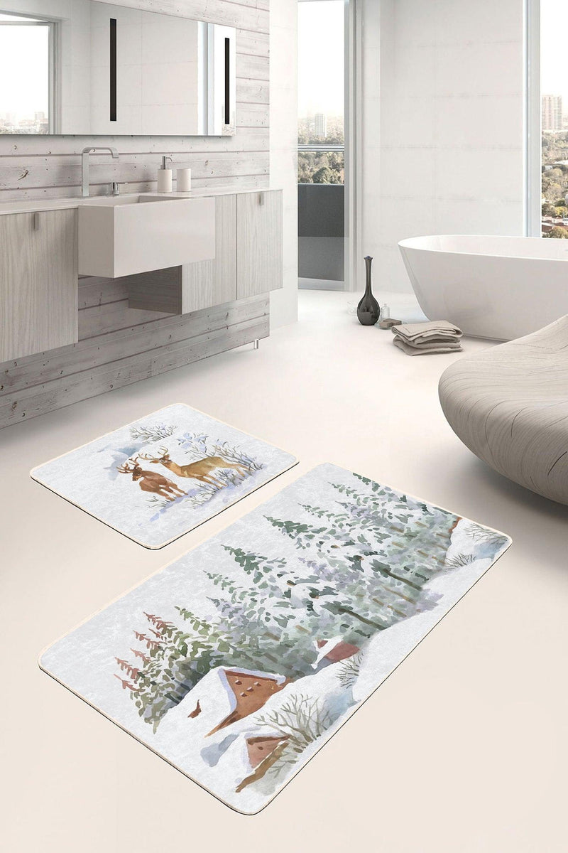 Kış Temalı Bağ Evi Tasarımlı Dijital Baskılı 2li Banyo Paspas ve Halısı Takımı Kaymaz Taban Yıkanabilir