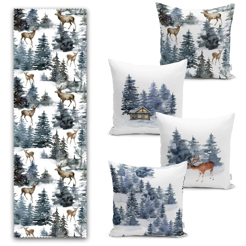 Kış Temalı Çam Ağacı Tasarımlı 4 Kırlent 1 Runner Seti Bonvagon