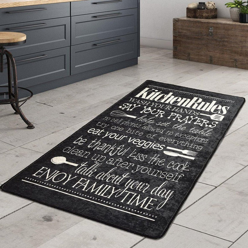 Kitchen Rules Siyah Dijital Baskılı Mutfak Halısı, Kaymaz Taban, Yıkanabilir Bonvagon
