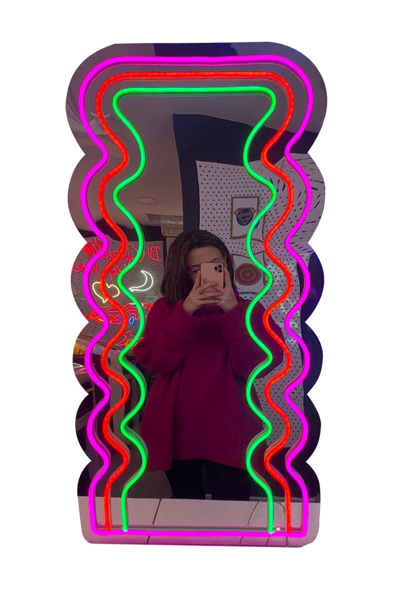 Kıvrımlı Wave Ayna Pleksi Neon LED Aydınlatma Işıklı Tablo Duvar Dekorasyon