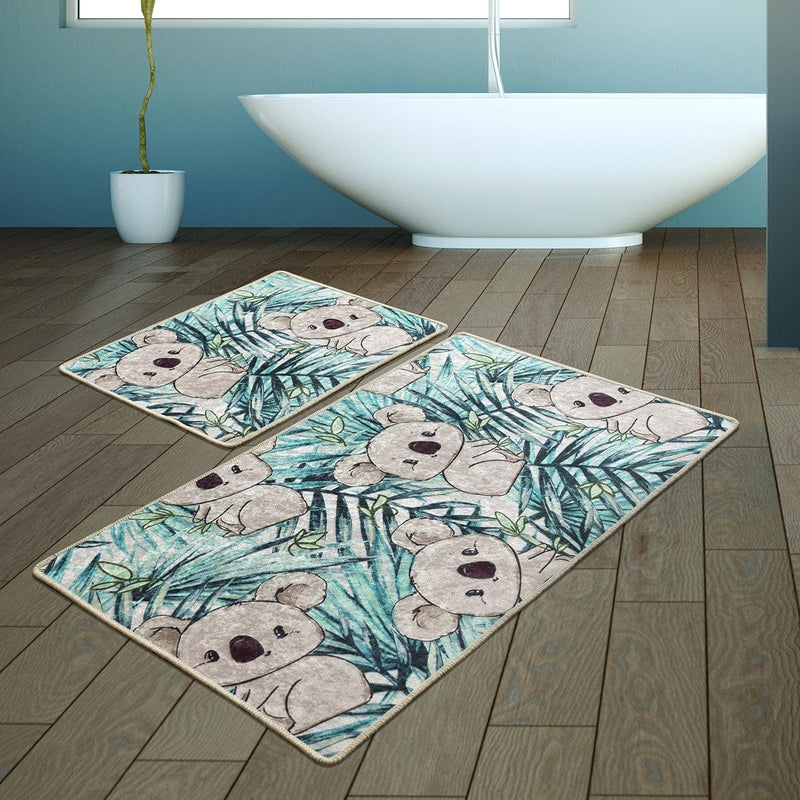Koala Yeşil 2li Set Dijital Baskılı Banyo Halısı, Kaymaz Taban, Yıkanabilir Bonvagon