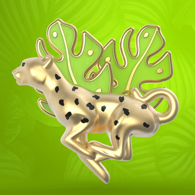 Koşan Leopar ve Tropikal Yaprak Broş Pin Seti Bonvagon Metalmorphose