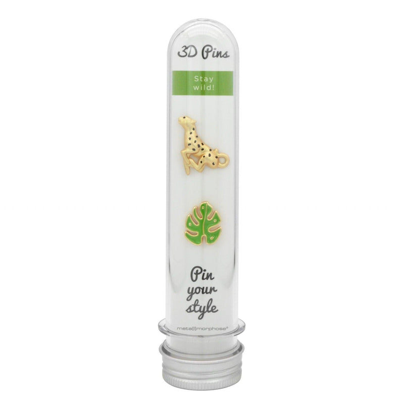 Koşan Leopar ve Tropikal Yaprak Broş Pin Seti Bonvagon Metalmorphose