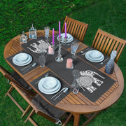 Koyu Füme Zemin Etnik Fil Motifli Dekoratif 1 Adet Runner & 4 Adet Yeşil Renkli Amerikan Servis Bonvagon