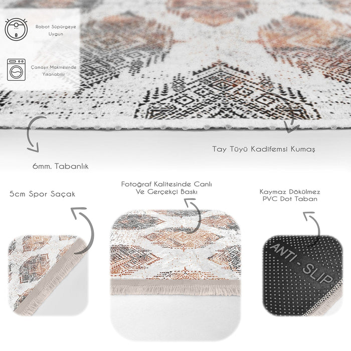 Krem Etnik Motifli Geometrik Desenli Geometrik Eskitme Motifli Koridor Antre Mutfak Dijital Baskılı Makinede Yıkanabilir Saçaklı Halı Bonvagon