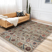 Krem Hereke Motifli Kilim Desenli Etnik Dijital Baskılı Makinede Yıkanabilir Saçaklı Halı