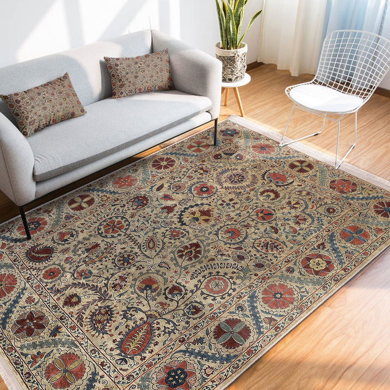 Krem Hereke Motifli Kilim Desenli Etnik Dijital Baskılı Makinede Yıkanabilir Saçaklı Halı