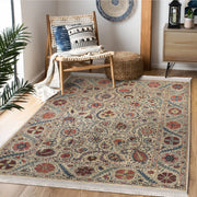 Krem Hereke Motifli Kilim Desenli Etnik Dijital Baskılı Makinede Yıkanabilir Saçaklı Halı