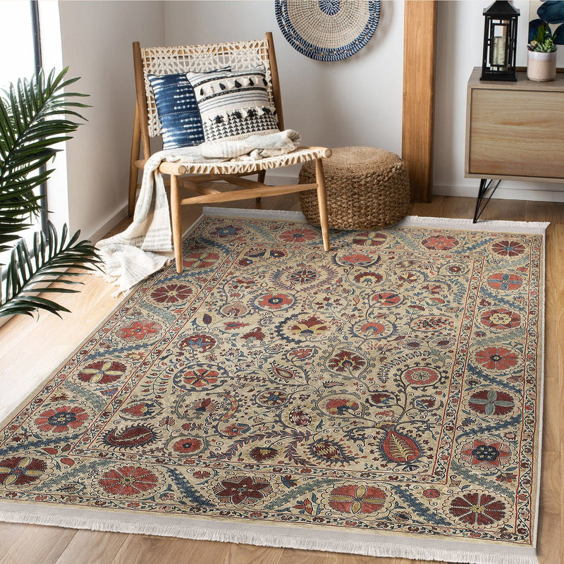 Krem Hereke Motifli Kilim Desenli Etnik Dijital Baskılı Makinede Yıkanabilir Saçaklı Halı