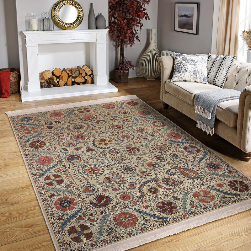 Krem Hereke Motifli Kilim Desenli Etnik Dijital Baskılı Makinede Yıkanabilir Saçaklı Halı