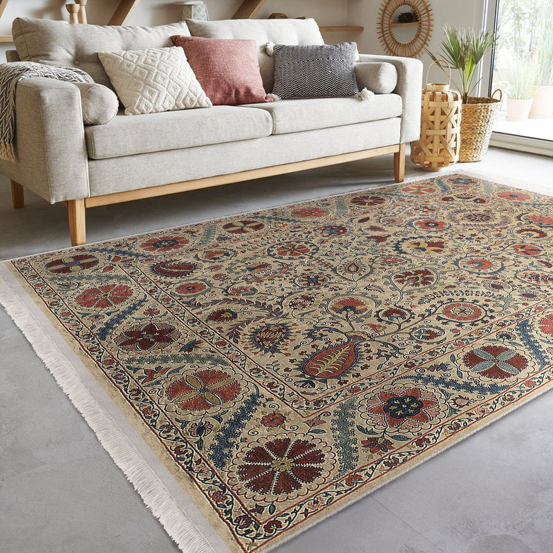 Krem Hereke Motifli Kilim Desenli Etnik Dijital Baskılı Makinede Yıkanabilir Saçaklı Halı