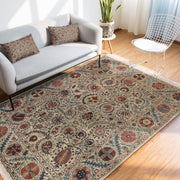 Krem Hereke Motifli Kilim Desenli Etnik Motifler Dijital Baskılı Makinede Yıkanabilir Saçaklı Halı Bonvagon